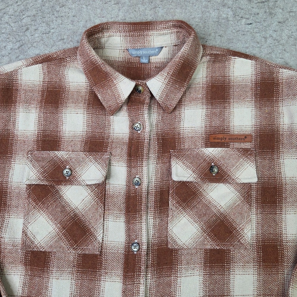 Simply Southern Flannel Shirt Women L Brown Plaid Long Sleeve Button Heavyweight - Picture 2 of 11